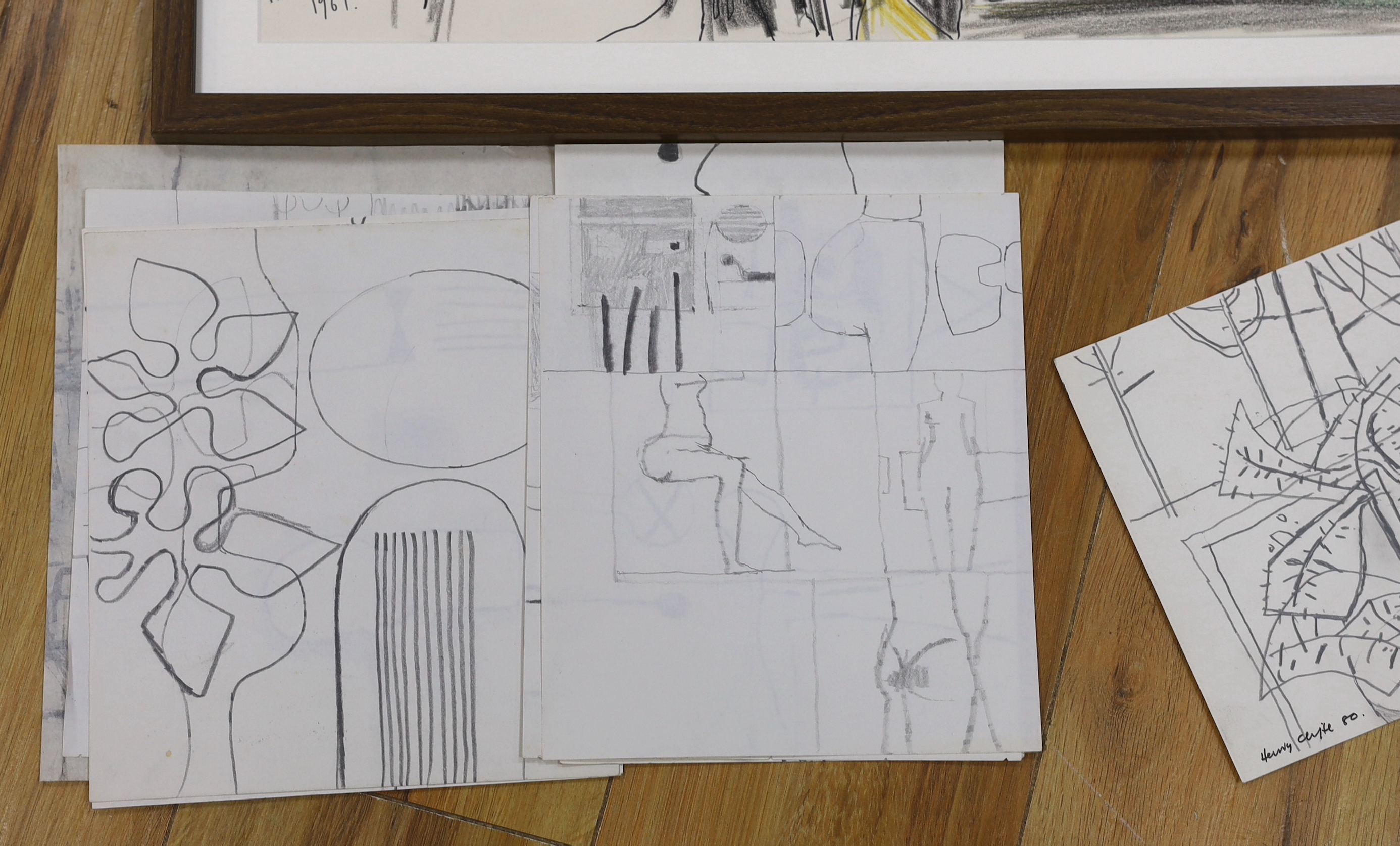 Mary Milner Dickens (1932-2013) 1960’s crayon, abstract composition and a group of unframed abstract and geometric pencil sketches by Henry Cliffe, largest 50 x 40cm